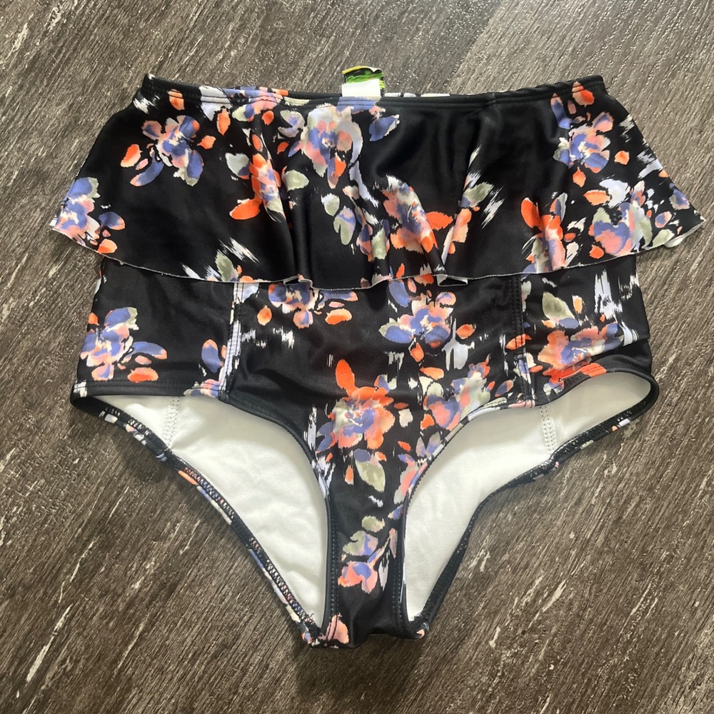 Kortni Jeane Black Floral Ruffle High Waist Swim Bottom XS‎